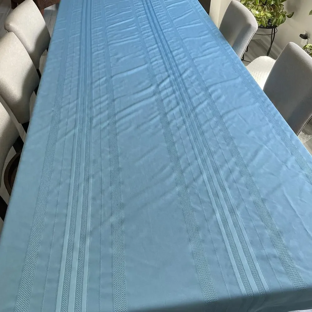 Vintage Blue Woven Damask Tablecloth Rectangular Striped 1980s Fabric Craft